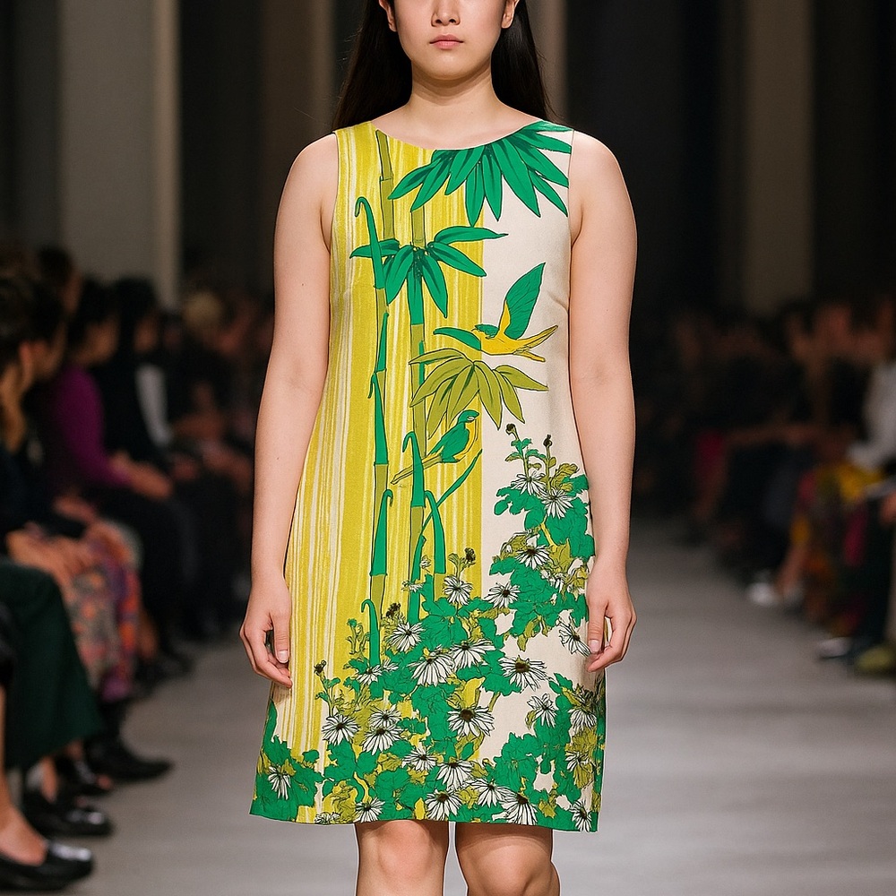 TIBI | White Cream Shift Silk & Linen Dress with tropical print